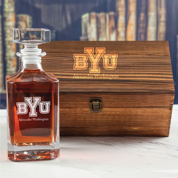 Custom Engraved BYU Brigham Young Cougars - Personalized Whiskey Decanter In Wood Gift Box