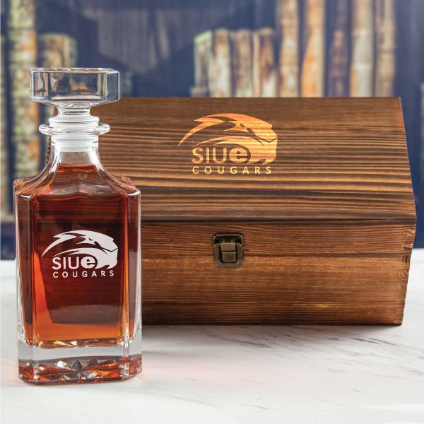 Custom Engraved SIUE Cougars - Personalized Whiskey Decanter In Wood Gift Box
