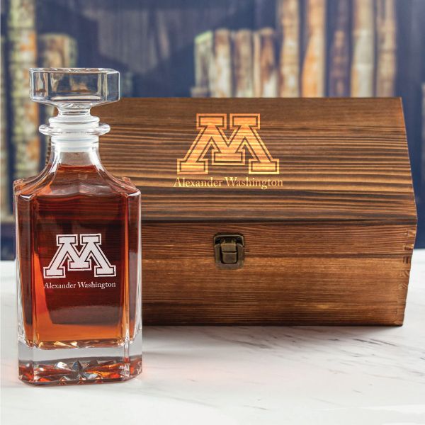 Custom Engraved Minnesota Golden Gophers  - Personalized Whiskey Decanter In Wood Gift Box