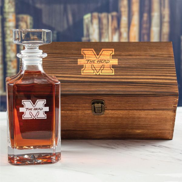 Custom Engraved Marshall Thundering Herd - Personalized Whiskey Decanter In Wood Gift Box
