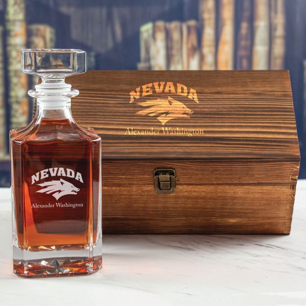Custom Engraved Nevada Wolf Pack Football - Personalized Whiskey Decanter In Wood Gift Box