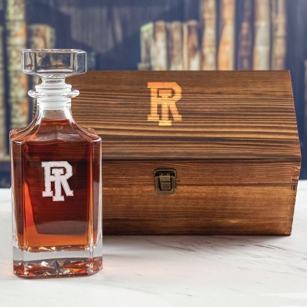 Custom Engraved Rhode Island Rams Football - Personalized Whiskey Decanter In Wood Gift Box
