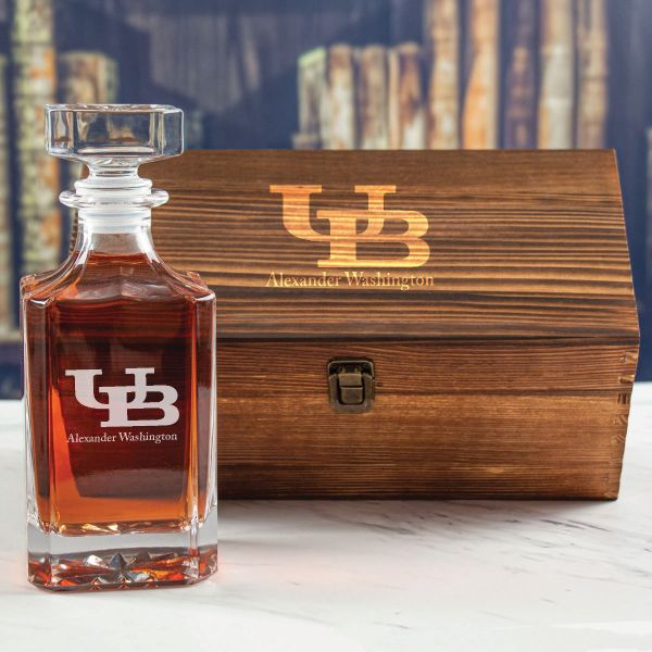 Custom Engraved Buffalo Bulls Initial University - Personalized Whiskey Decanter In Wood Gift Box