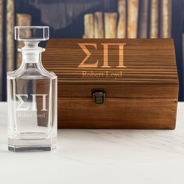 Custom Engraved Sigma Pi - Personalized Whiskey Decanter In Wood Gift Box