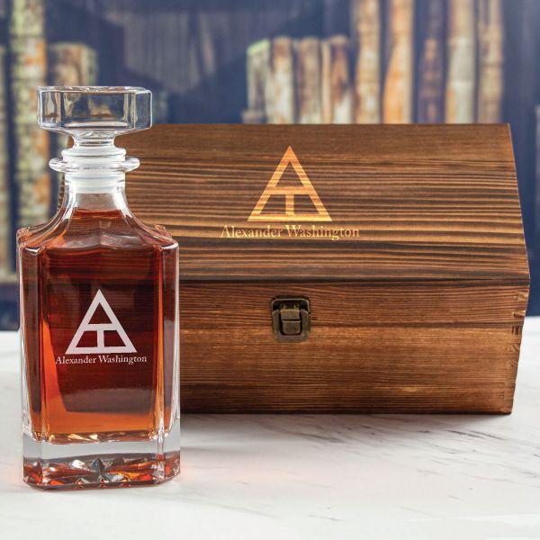 Custom Engraved Triangle Fraternity - Personalized Whiskey Decanter In Wood Gift Box