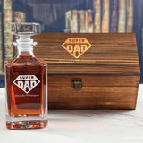 Custom Engraved Super Dad Emblem - Personalized Whiskey Decanter In Wood Gift Box