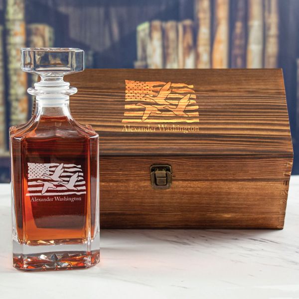 Custom Engraved Goose with USA Flag - Personalized Whiskey Decanter In Wood Gift Box