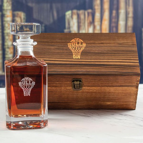 Custom Engraved Bulls Basketball Net - Basketball Fanatic Gift Ideas - Personalized Whiskey Decanter In Wood Gift Box