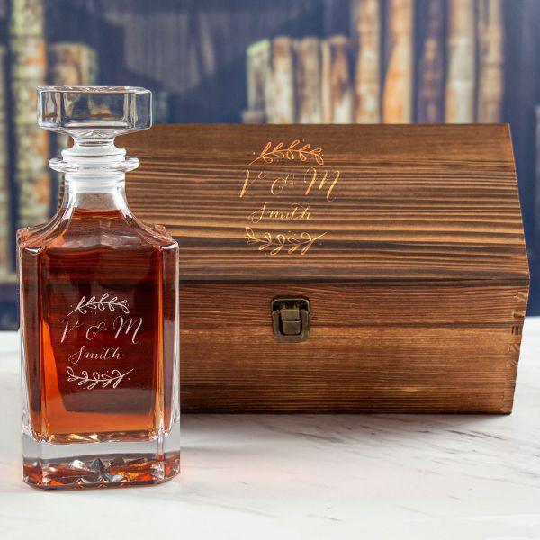 Custom Engraved Laurel Leaf Drawing Initials  - Personalized Whiskey Decanter In Wood Gift Box
