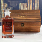 Custom Engraved  Handwritten Initials Laurel Leaf Drawing  - Personalized Whiskey Decanter In Wood Gift Box