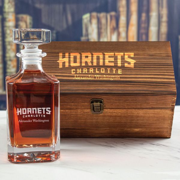 Custom Engraved Charlotte Hornets - Personalized Whiskey Decanter In Wood Gift Box