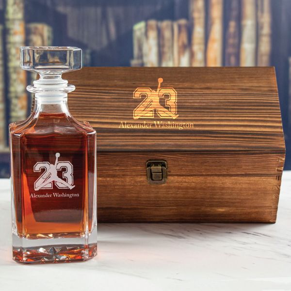 Custom Engraved Jordan 23 - Personalized Whiskey Decanter In Wood Gift Box
