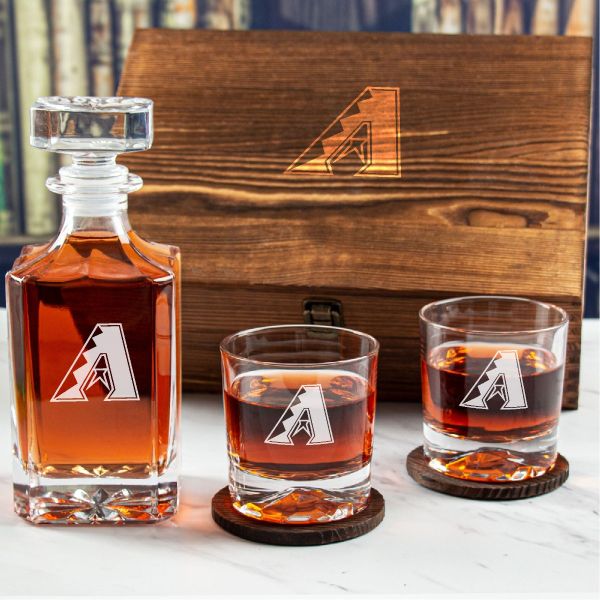 Custom Engraved Arizona Diamondbacks Logo - Personalized Whiskey Decanter Set In Wood Gift Box