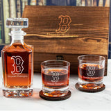 Custom Engraved Boston Red Sox Cap Insignia - Personalized Whiskey Decanter Set In Wood Gift Box
