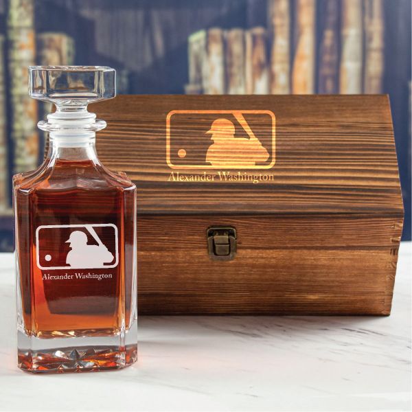 Custom Engraved Major League Baseball Logo - Personalized Whiskey Decanter In Wood Gift Box
