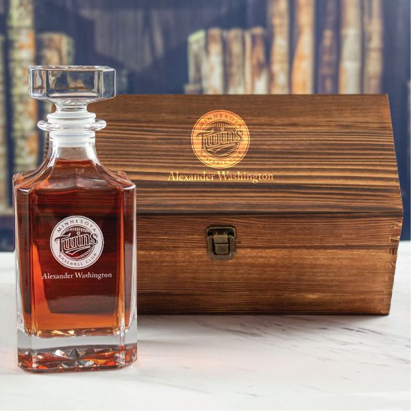 Custom Engraved Minnesota Twins Logo - Personalized Whiskey Decanter In Wood Gift Box