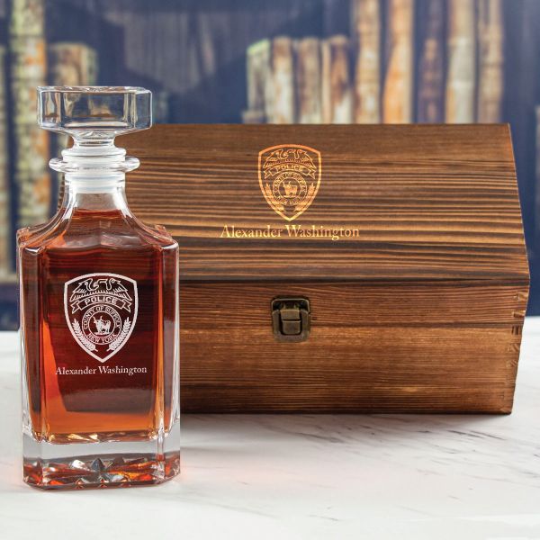 Custom Engraved - Police Badges - Personalized Whiskey Decanter In Wood Gift Box - County of Suffolk NY Police Patch