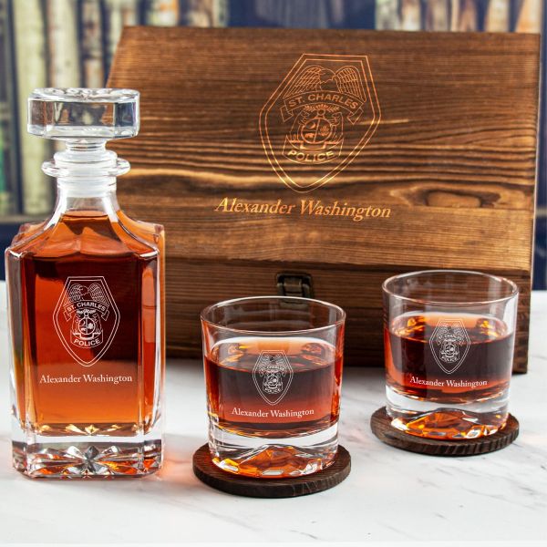 Custom Engraved Police Badges  - Personalized Whiskey Decanter Set In Wood Gift Box - St. Charles Missouri State Police Badge
