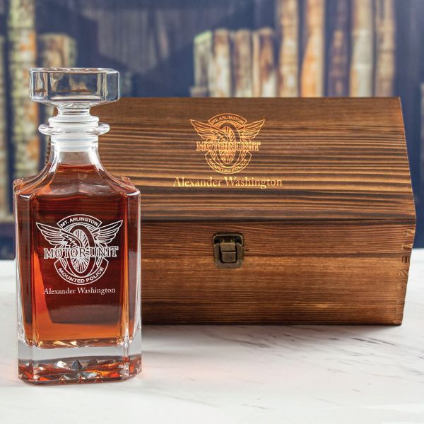 Custom Engraved - Police Badges - Personalized Whiskey Decanter In Wood Gift Box - Blank Winged Wheel Motor Unit