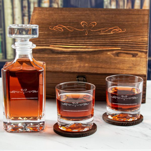 Custom Engraved Fancy Scroll - Personalized Whiskey Decanter Set In Wood Gift Box