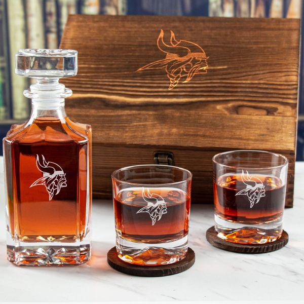 Custom Engraved Minnesota Vikings - Personalized Whiskey Decanter Set In Wood Gift Box