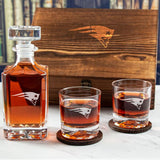 Custom Engraved New England Patriots - Personalized Whiskey Decanter Set In Wood Gift Box