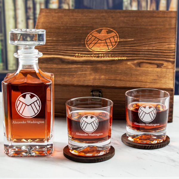 Custom Engraved Agents of SHIELD - Personalized Whiskey Decanter Set In Wood Gift Box