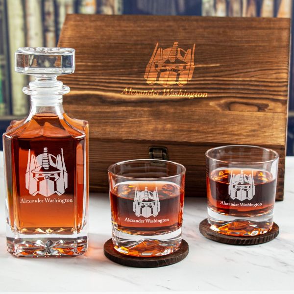 Custom Engraved Optimus Prime - Personalized Whiskey Decanter Set In Wood Gift Box