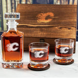 Custom Engraved Calgary Flames - Personalized Whiskey Decanter Set In Wood Gift Box
