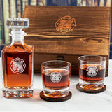 Custom Engraved Volunteer Fire Fighter Truck - Personalized Whiskey Decanter Set In Wood Gift Box