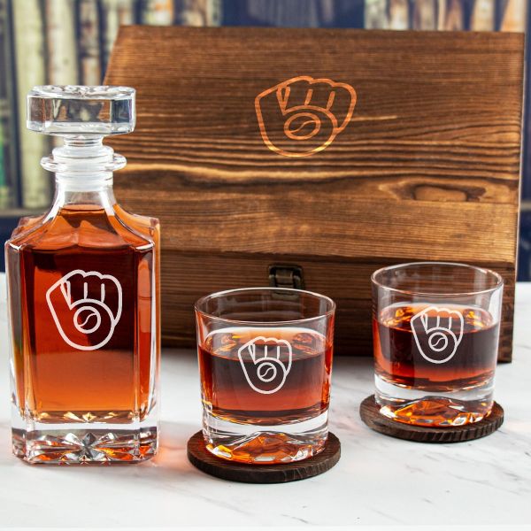 Custom Engraved Milwaukee Brewers Logo - Personalized Whiskey Decanter Set In Wood Gift Box