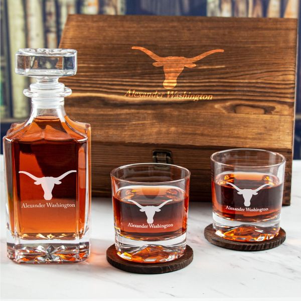 Custom Engraved Texas Longhorns - Personalized Whiskey Decanter Set In Wood Gift Box