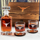 Custom Engraved Texas Longhorns - Personalized Whiskey Decanter Set In Wood Gift Box