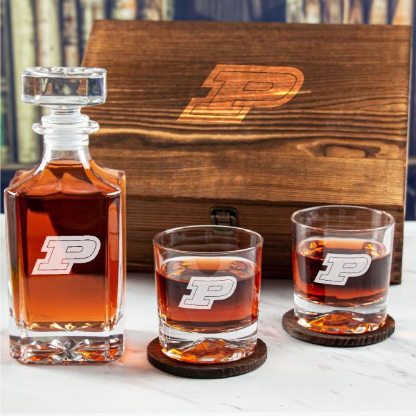 Custom Engraved Purdue Boilermakers - Personalized Whiskey Decanter Set In Wood Gift Box