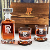 Custom Engraved Rhode Island Rams Football - Personalized Whiskey Decanter Set In Wood Gift Box