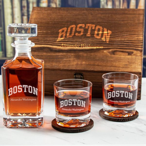 Custom Engraved Boston Football - Personalized Whiskey Decanter Set In Wood Gift Box