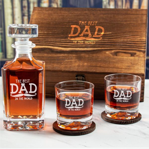 Custom Engraved The Best Dad in the World - Personalized Whiskey Decanter Set In Wood Gift Box