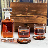 Custom Engraved Golf Swing Line Drawing - Personalized Whiskey Decanter Set In Wood Gift Box
