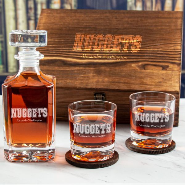 Custom Engraved Nuggets Silhouette - Personalized Whiskey Decanter Set In Wood Gift Box