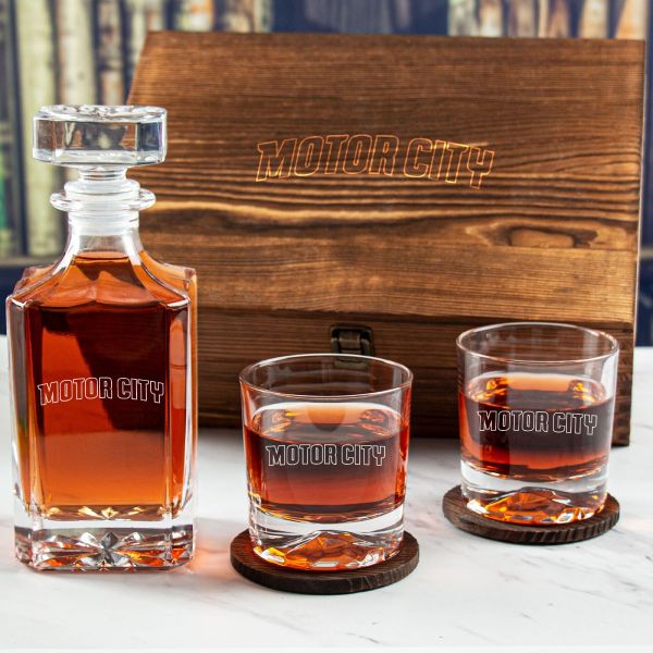 Custom Engraved Motor City - Personalized Whiskey Decanter Set In Wood Gift Box
