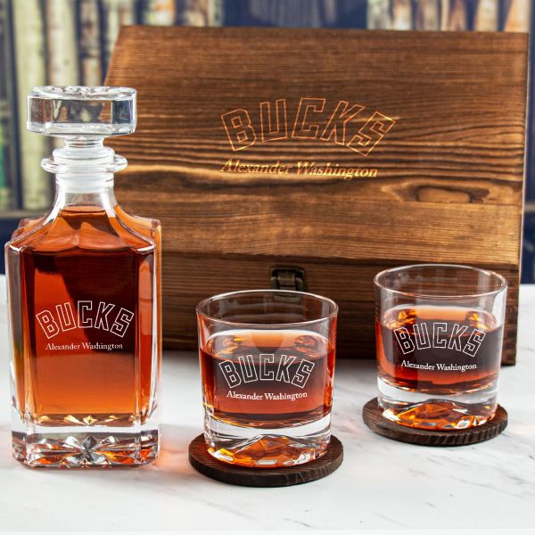 Custom Engraved Bucks - Personalized Whiskey Decanter Set In Wood Gift Box