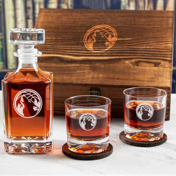 Custom Engraved Timberwolves Emblem - Personalized Whiskey Decanter Set In Wood Gift Box