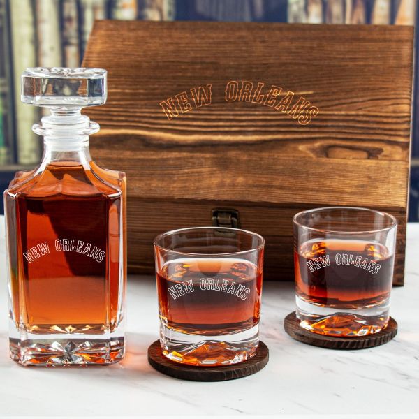 Custom Engraved New Orleans - Personalized Whiskey Decanter Set In Wood Gift Box