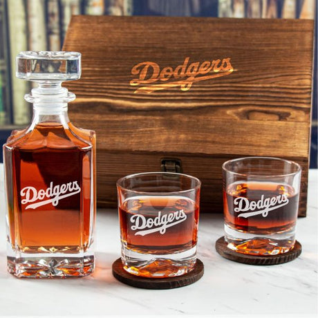 Custom Engraved Los Angeles Dodgers Script Logo - Personalized Whiskey Decanter Set In Wood Gift Box