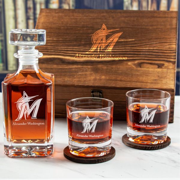 Custom Engraved Miami Marlins Cap Insignia - Personalized Whiskey Decanter Set In Wood Gift Box
