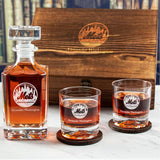 Custom Engraved New York Mets Logo - Personalized Whiskey Decanter Set In Wood Gift Box