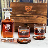 Custom Engraved Brooklyn Nets - Basketball Team Logos - Personalized Whiskey Decanter Set In Wood Gift Box