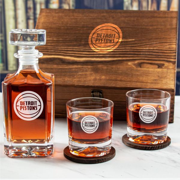 Custom Engraved Detroit Pistons - Basketball Team Logos - Personalized Whiskey Decanter Set In Wood Gift Box