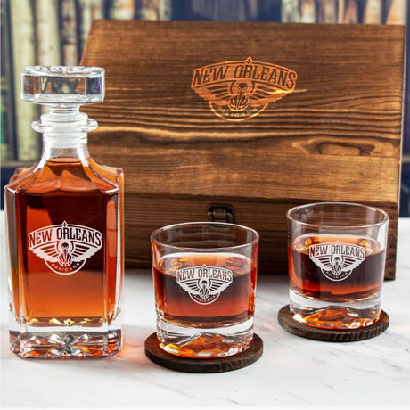 Custom Engraved New Orleans Pelicans - Basketball Team Logos - Personalized Whiskey Decanter Set In Wood Gift Box
