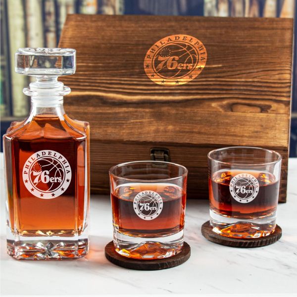 Custom Engraved Philadelphia 76ers - Basketball Team Logos - Personalized Whiskey Decanter Set In Wood Gift Box